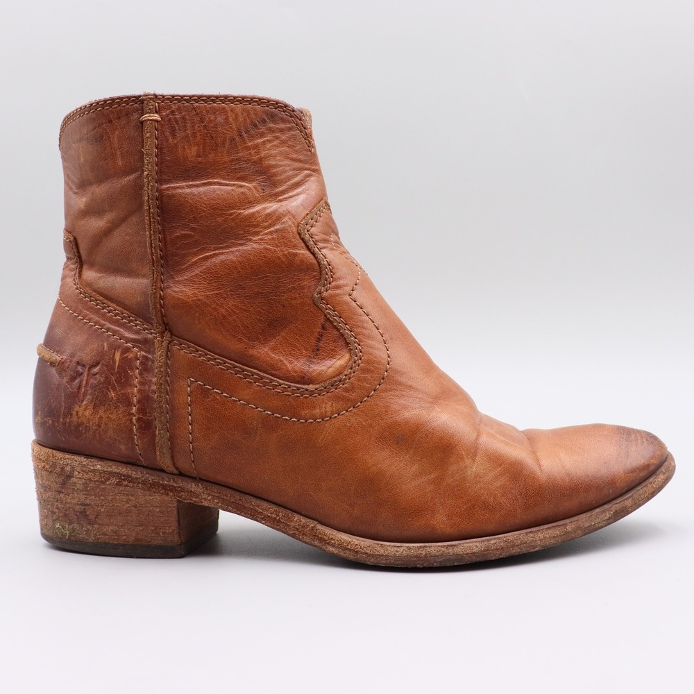 Frye Ray Inside Zip Western Ankle Boots Cognac Distressed Leather Womens Size 6M
